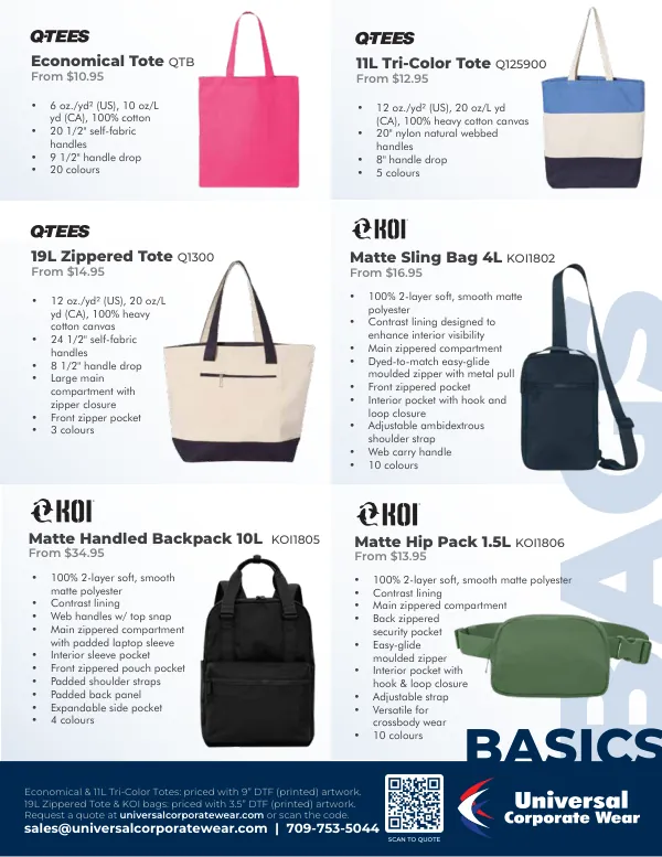 Bags page of the Basics 2026 catalogue