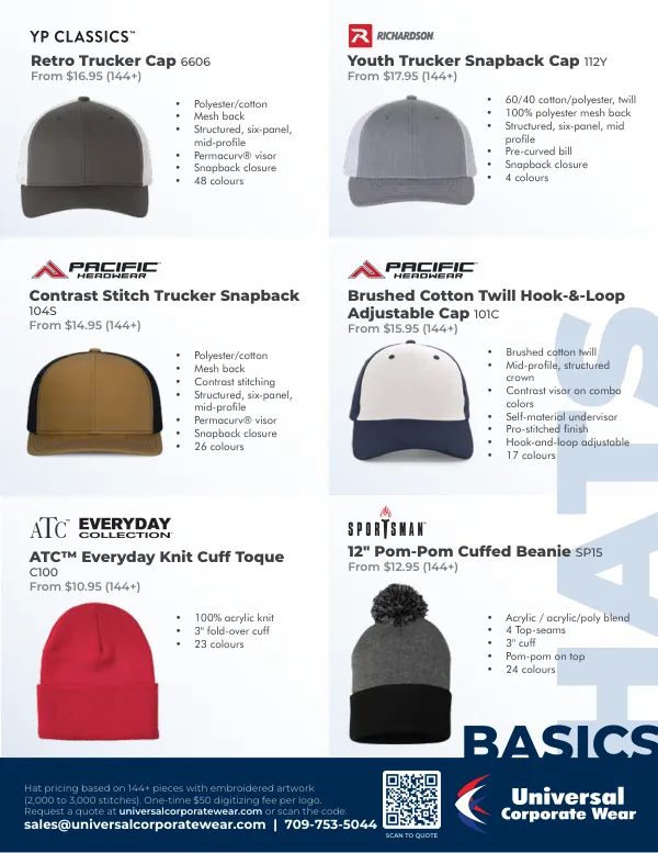 Hats page of the Basics 2026 catalogue