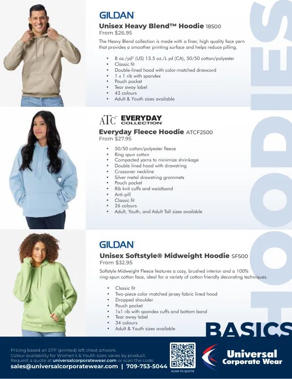 Hoodies page of the Basics 2026 catalogue