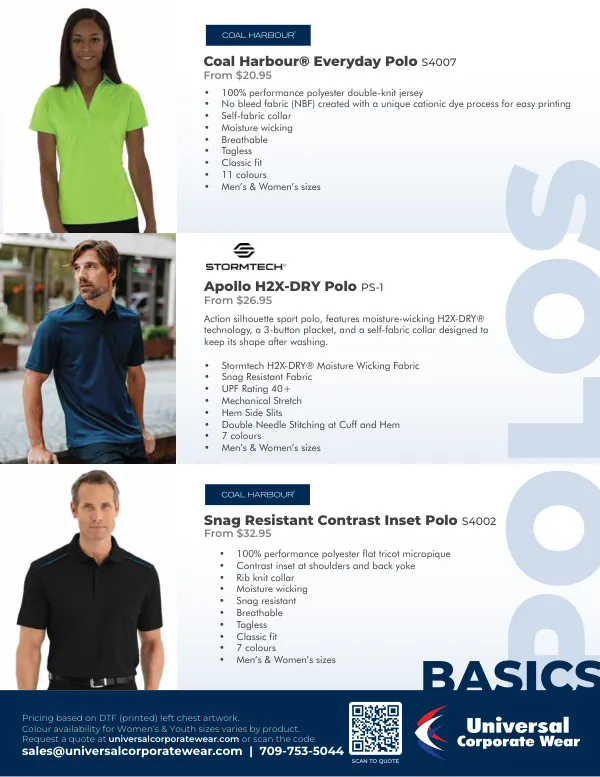 Polos page of the Basics 2026 catalogue