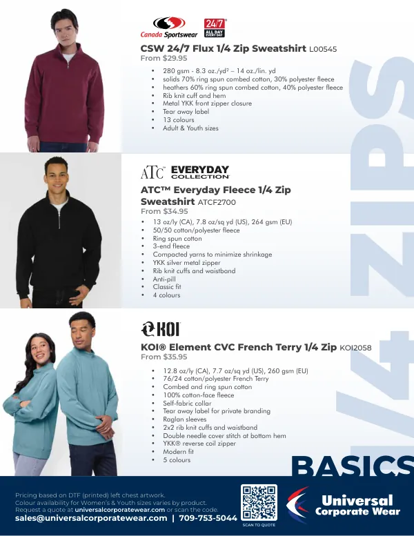 1/4 Zips page of the Basics 2026 catalogue