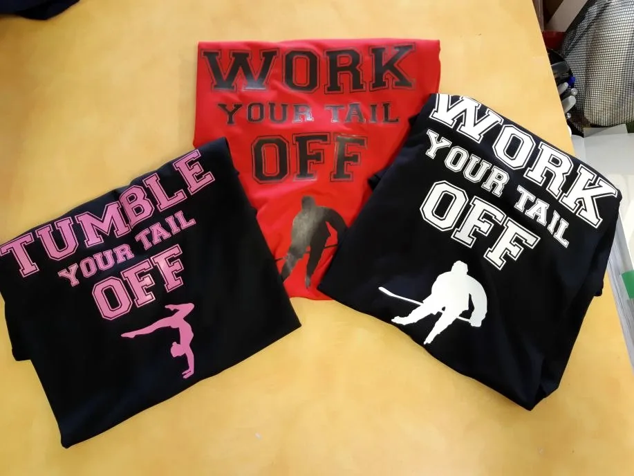 Tumble Your Tail Off fundraiser tees decorated in-house