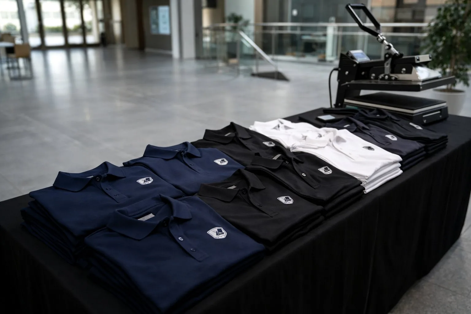 Folded embroidered corporate polos laid out beside a heat press