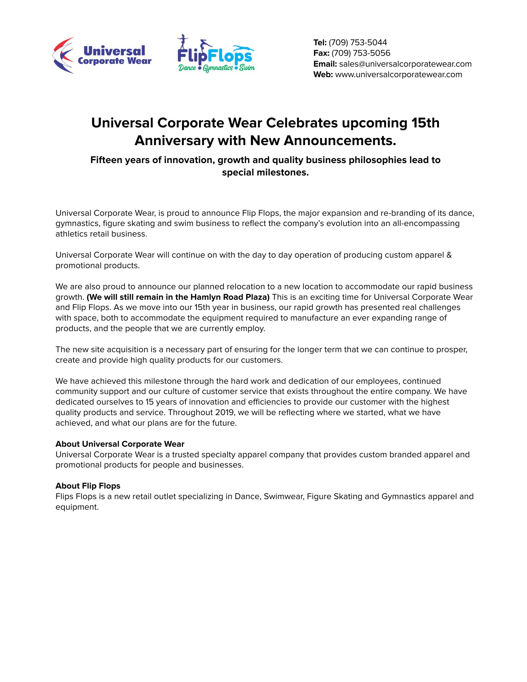 universal corporate wear press release announcing Flip Flops re-brand and location move.